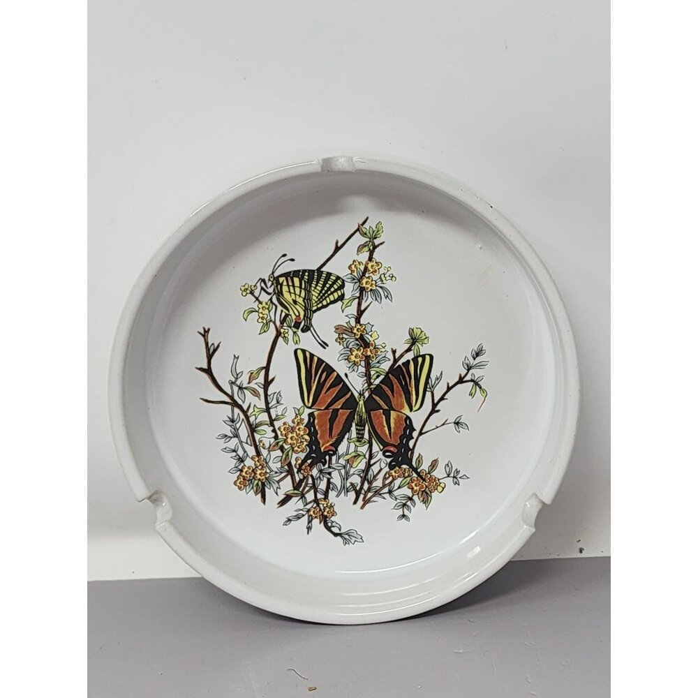 Vintage Collectible Ceramic‎ Ashtray Vibrant Butterfly Motif With Floral Details